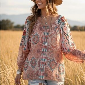 Tolani Peach and Teal Patterned Blouse